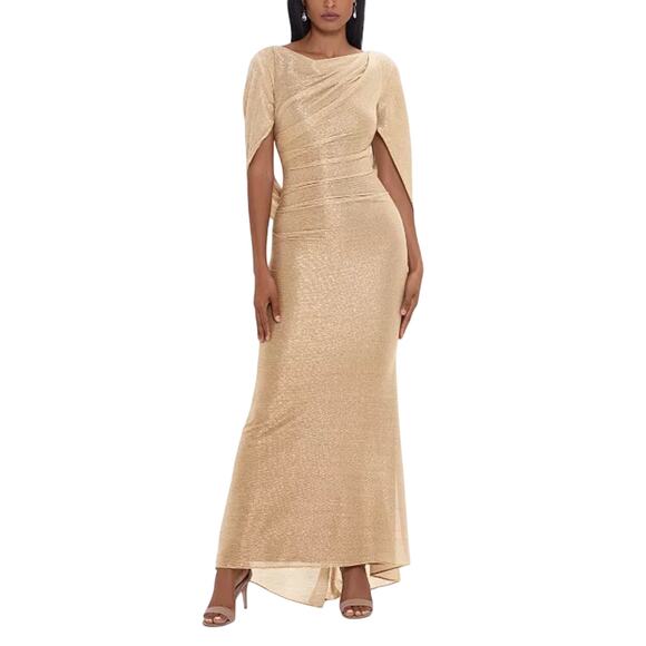 Betsy & Adam Women's Boat Neckline Metallic Cape Gown Gold/Silver Size 4 NWT